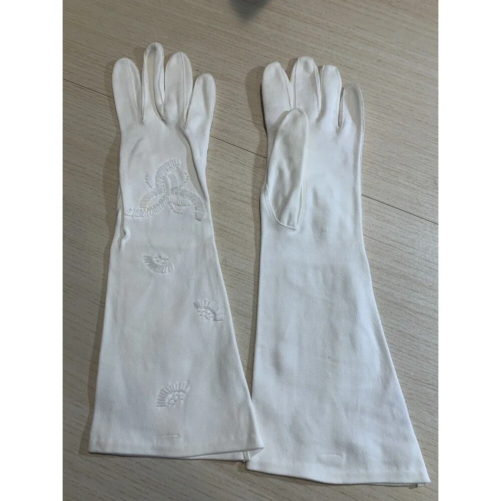 Vintage Gloves~WEAR-RITE White Cotton Gloves Beaded Design Wedding-Bridal 6.5